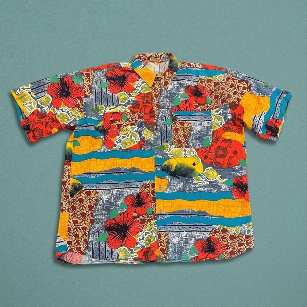 Vintage Gottex Men's Hawaiian Shirt Large Tropical Floral Fish Cotton Button Up